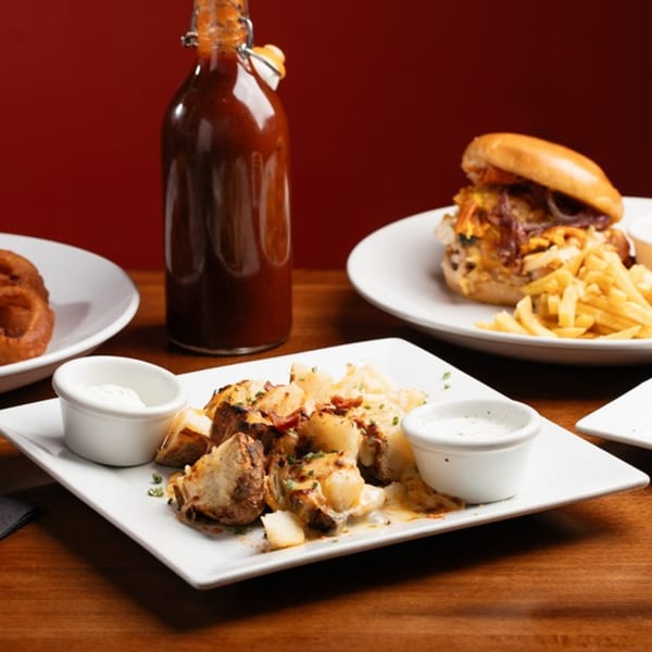 A Harold Dean Smoked Goods meal with roasted potatoes, a pulled pork sandwich, fries, and BBQ sauce.
