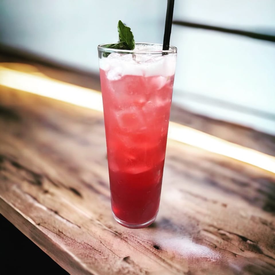 A tall glass of red iced tea with a mint garnish and black straw on a wooden table.