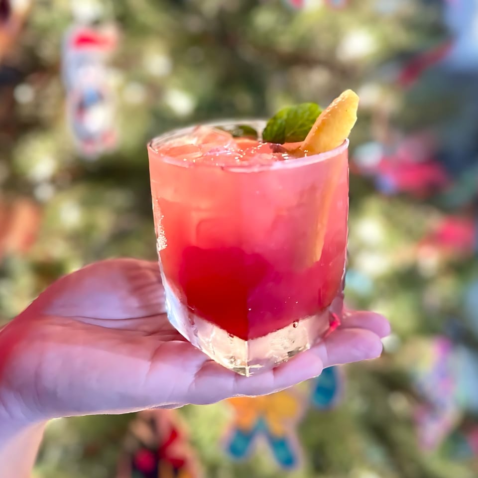 Hand holding a vibrant red cocktail garnished with mint and an orange peel, against a blurred background.